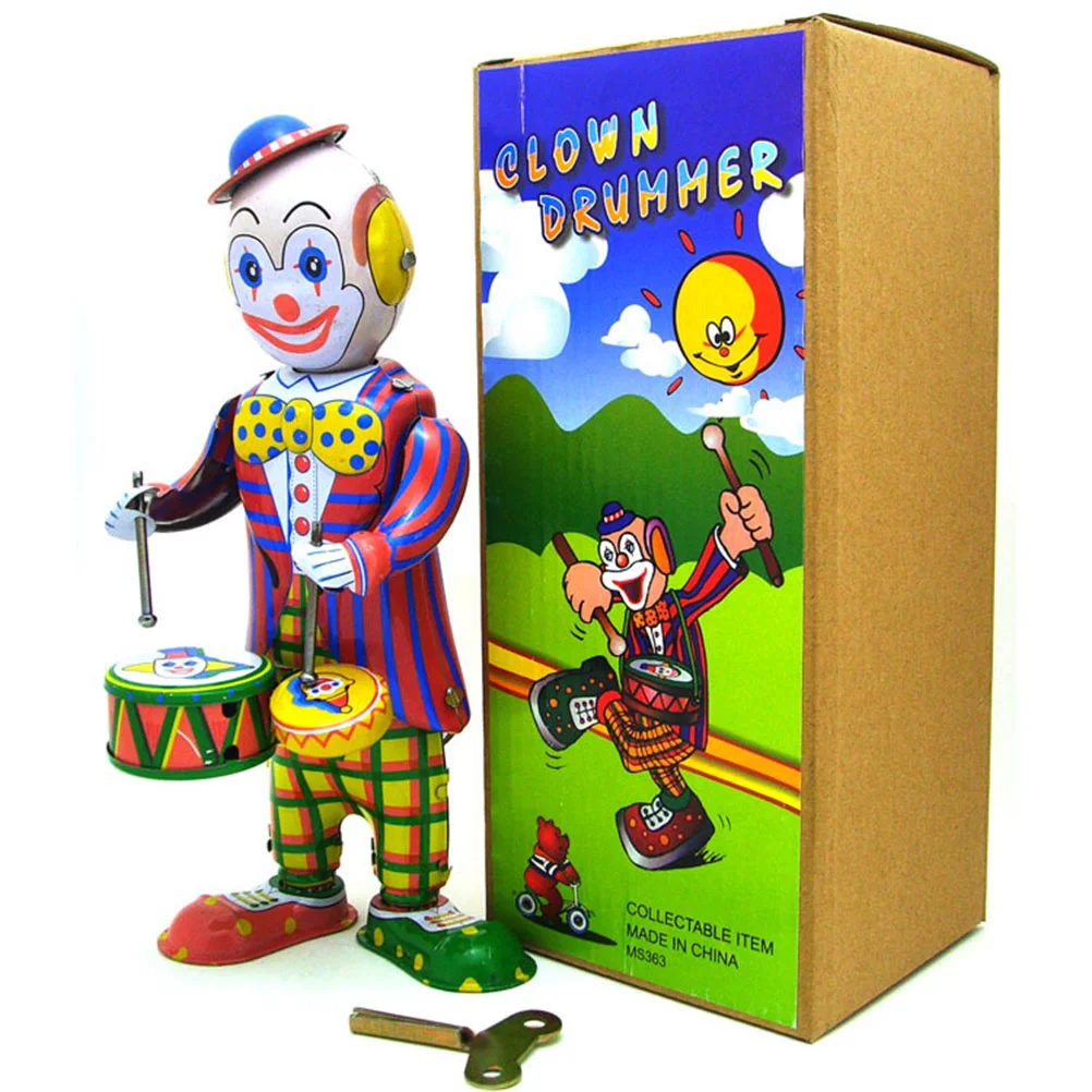 

1PC Tinplate Drumming Clown Cartoon Wind Childhood Memory Antique Scene Tin