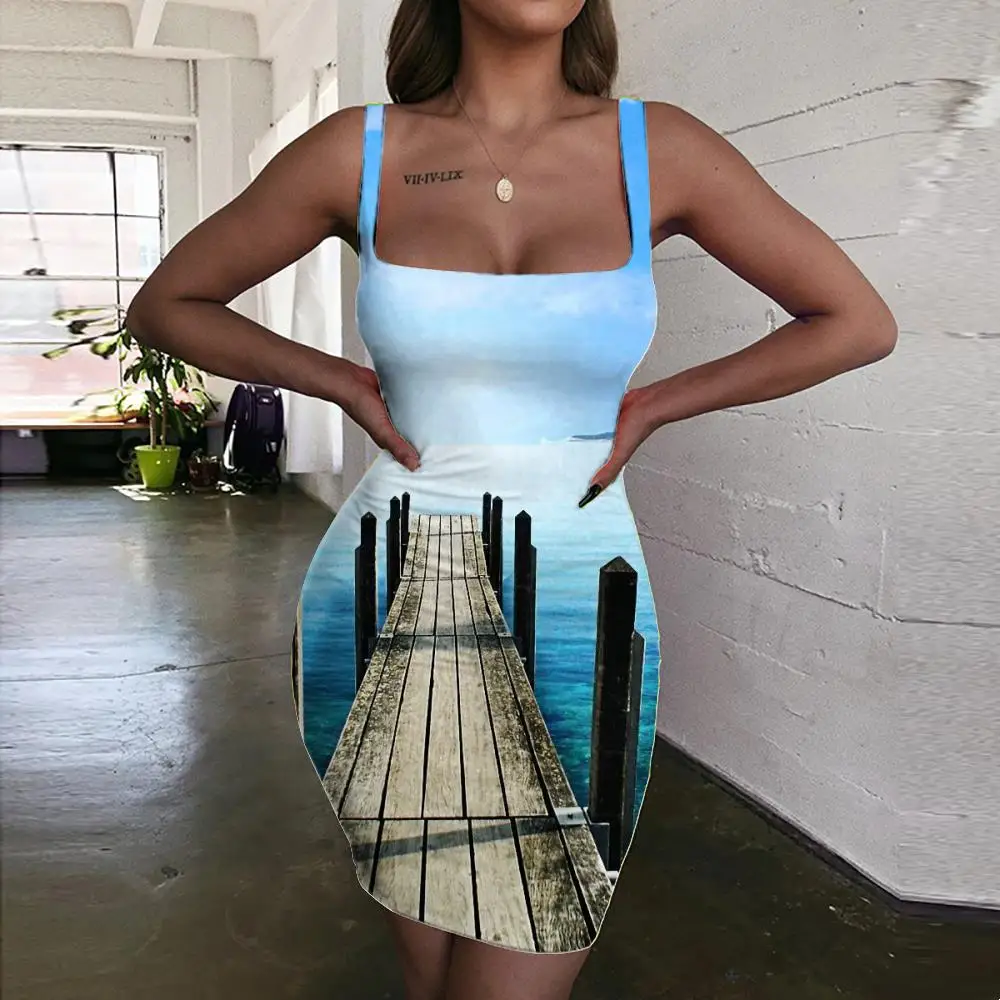 

Giyu Brand Landscape Dresses Women Sea Halter Sleeveless Blue Sky Sundress Womens Clothing Party Vintage Korean Style Fashion