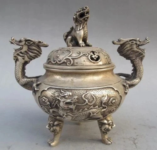 

Exquisite Chinese White Copper Dragon Incense Burner & Lion Lid with Ming Dynasty Xuan De Mark