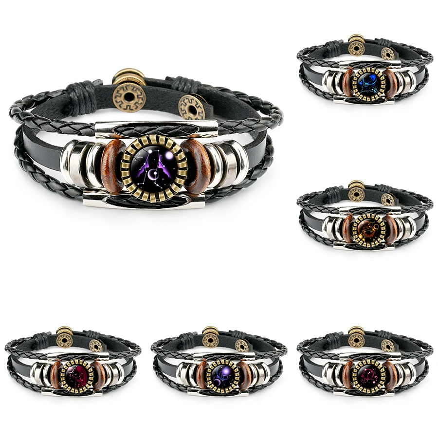 

Wholesale 24pcs/Lot Zodiac Sign Charm Bracelet For Women Men 12 Constellation layered Leather Wrap Bangle Fashion Jewelry Gift