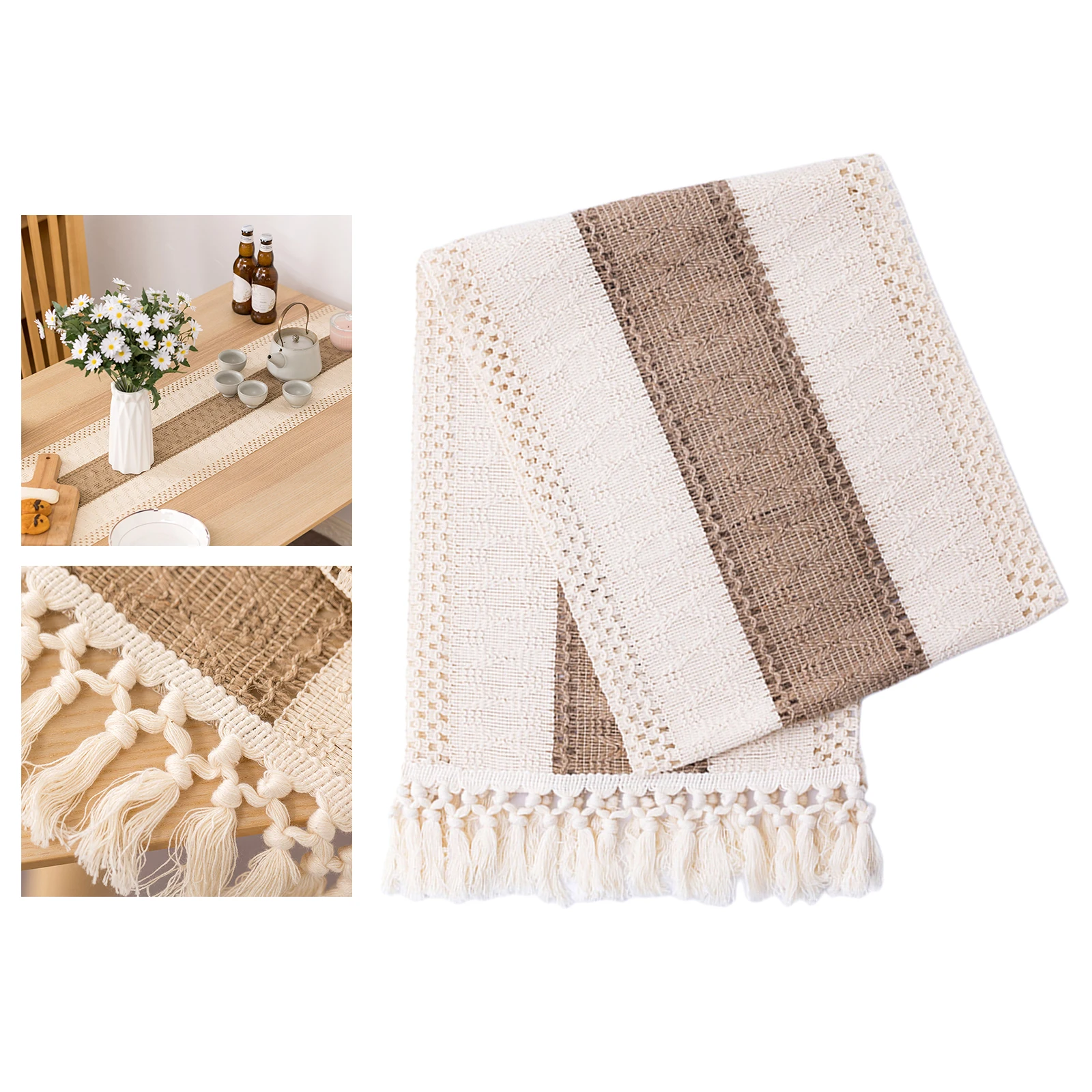 

Lace Burlap Macrame Table Runner Farmhouse Style Modern Rustic Hollow Tassels Cotton Linen Bohemian Holiday Decoration