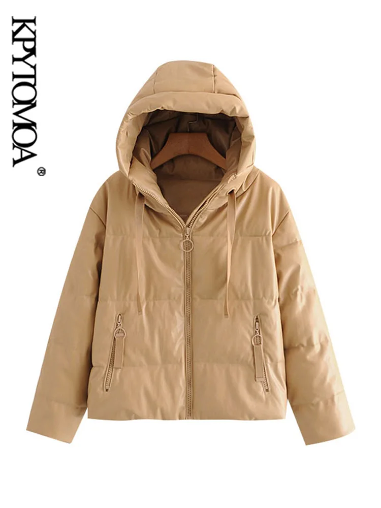 KPYTOMOA Women Fashion Thick Warm Faux Leather Padded Jacket Coat Vintage Long Sleeve Oversized Parka Female Outerwear Chic Tops