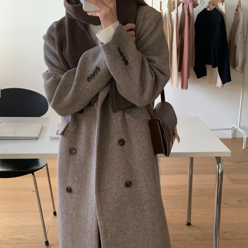 

Women Elegant Long Sleeve Wool Blends Coat Office Wear Chic Outerwear Ladies Drop Overcoat Woolen Coats 2021