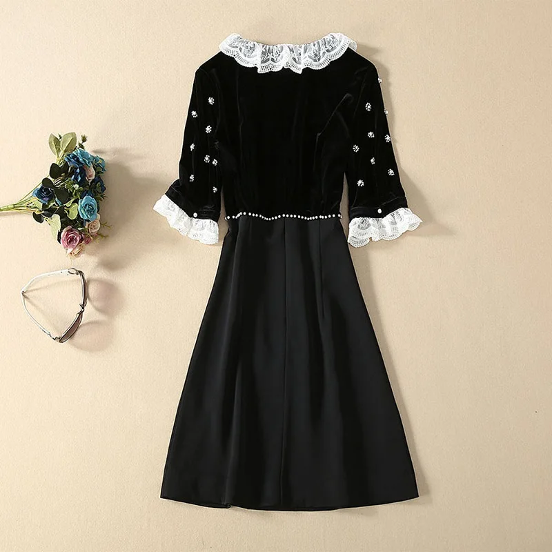 

Quality New Top 2021 Spring Party Vintage Dresses Women Hand Made Beading White Lace Patchwork Short Sleeve Black Dress Slim