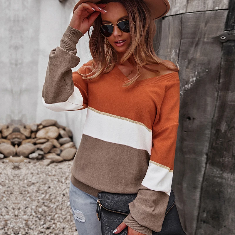 Женский свитер в полоску с длинным рукавом и V-образным вырезом |