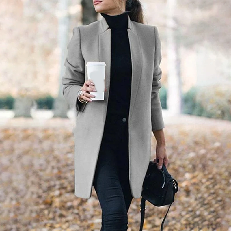 

Женское осенне-зимнее пальто с воротником-стойкой и длинным рукавом, женское тонкое шерстяное пальто с карманами, повседневные женские офи...