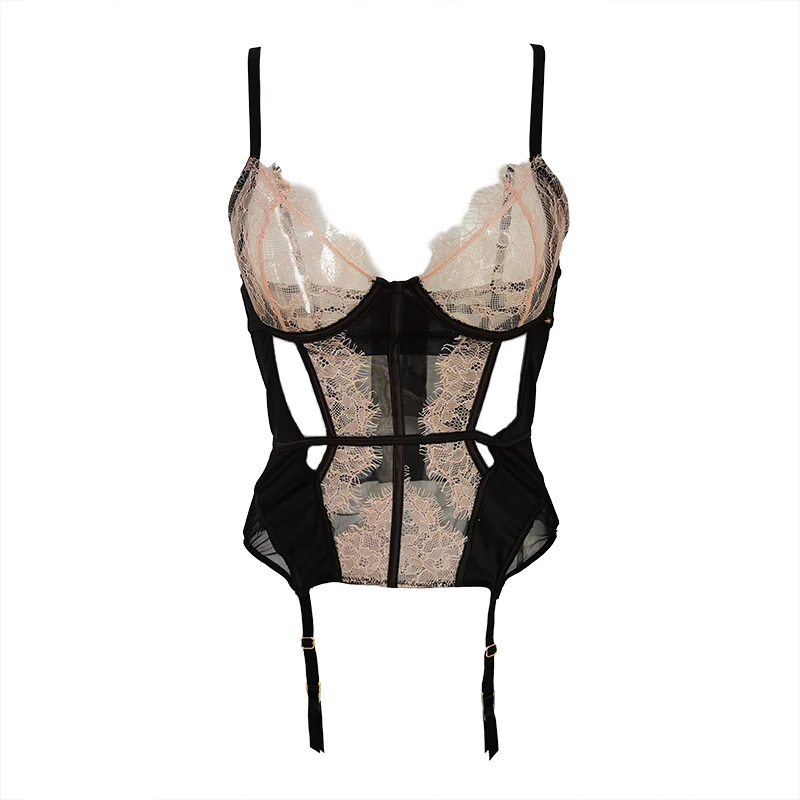 Black vs Pink Черный Розовый узкий ремешок ресницы кружева атласные рыбные кости сексуальный вырезанный Женский корсет-бюстье с поясами металлический формирующий зажим SLA039 - Цвет: Black vs Pink