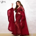 Саудовская Арабский красное вино Русалка Вечерние платья с полностью рукавами 2020 Роскошные Кристальные вышитые бисером вечерние платья на выпускной кружева формальное платье
