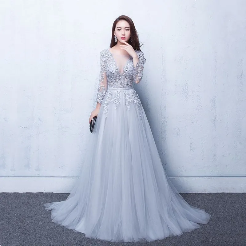 Женское вечернее платье в пол Beauty Emily серое длинное с круглым вырезом и бусинами