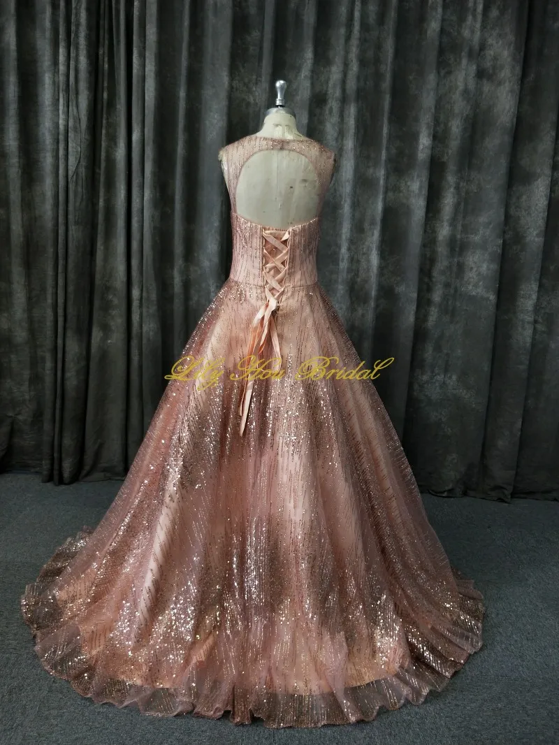 Sparkly Sequined Prom Dress Real Sample V Neck Sleeveless Open Back Lace up Party Gown
