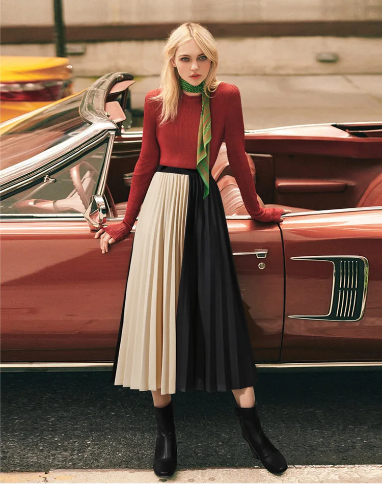 

Ebay European and American style wish chiffon color matching pleated skirt fold stitching chiffon skirt skirt