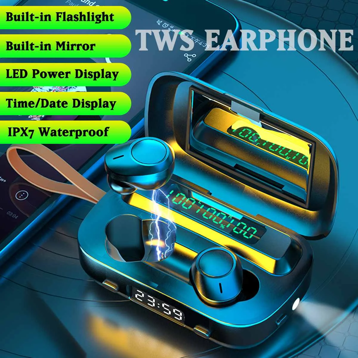 

4000mah TWS Bluetooth Earphone V5.0 9D Stereo Wireless Headset Sport Waterproof Earphones Mini True Wireless Earbuds with light