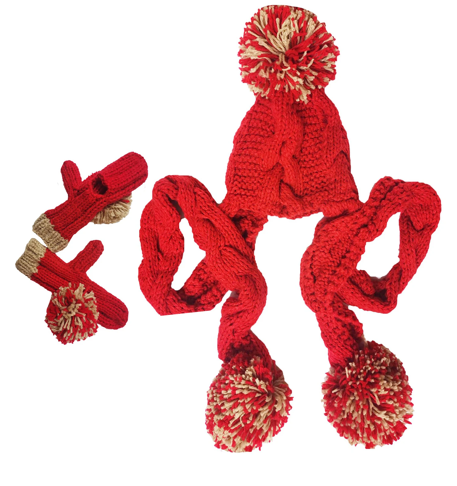BomHCS Cute Big Pompoms (2PCS)Scarf with Beanie +Gloves 100% Handmade Knitted Hat Neckerchief Mittens