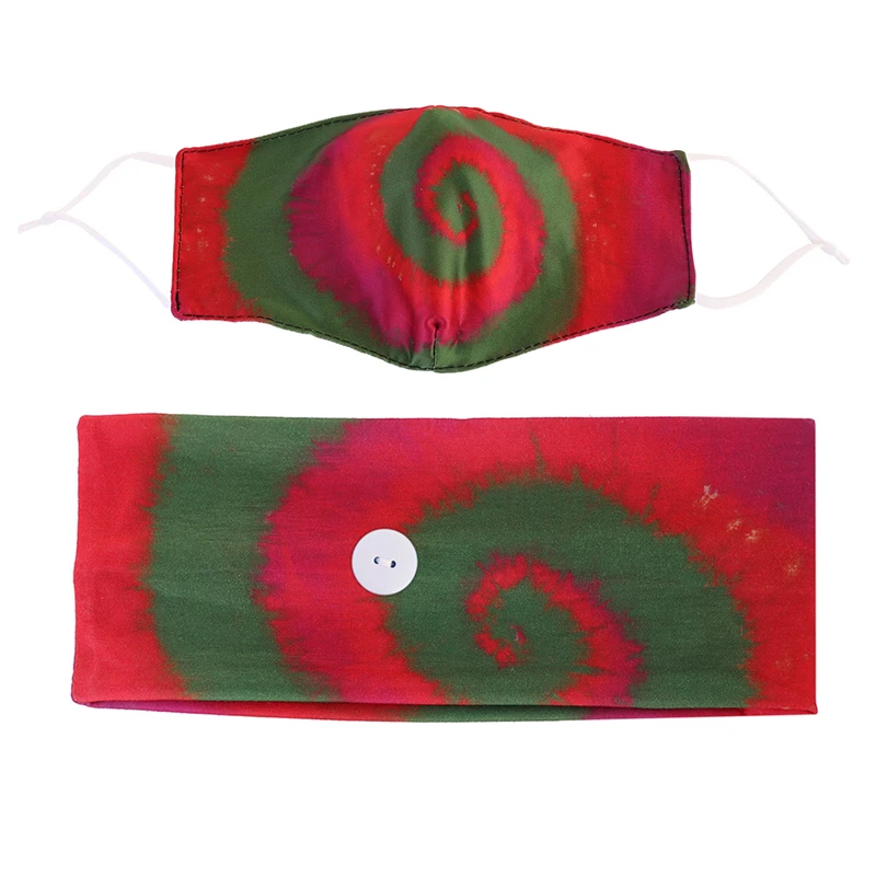 

2Pcs Elastic Hair Band Printed Button Headband Face Cover Turban Tie Dyed Hair Accessories Fashion Hair Band With Face Covers