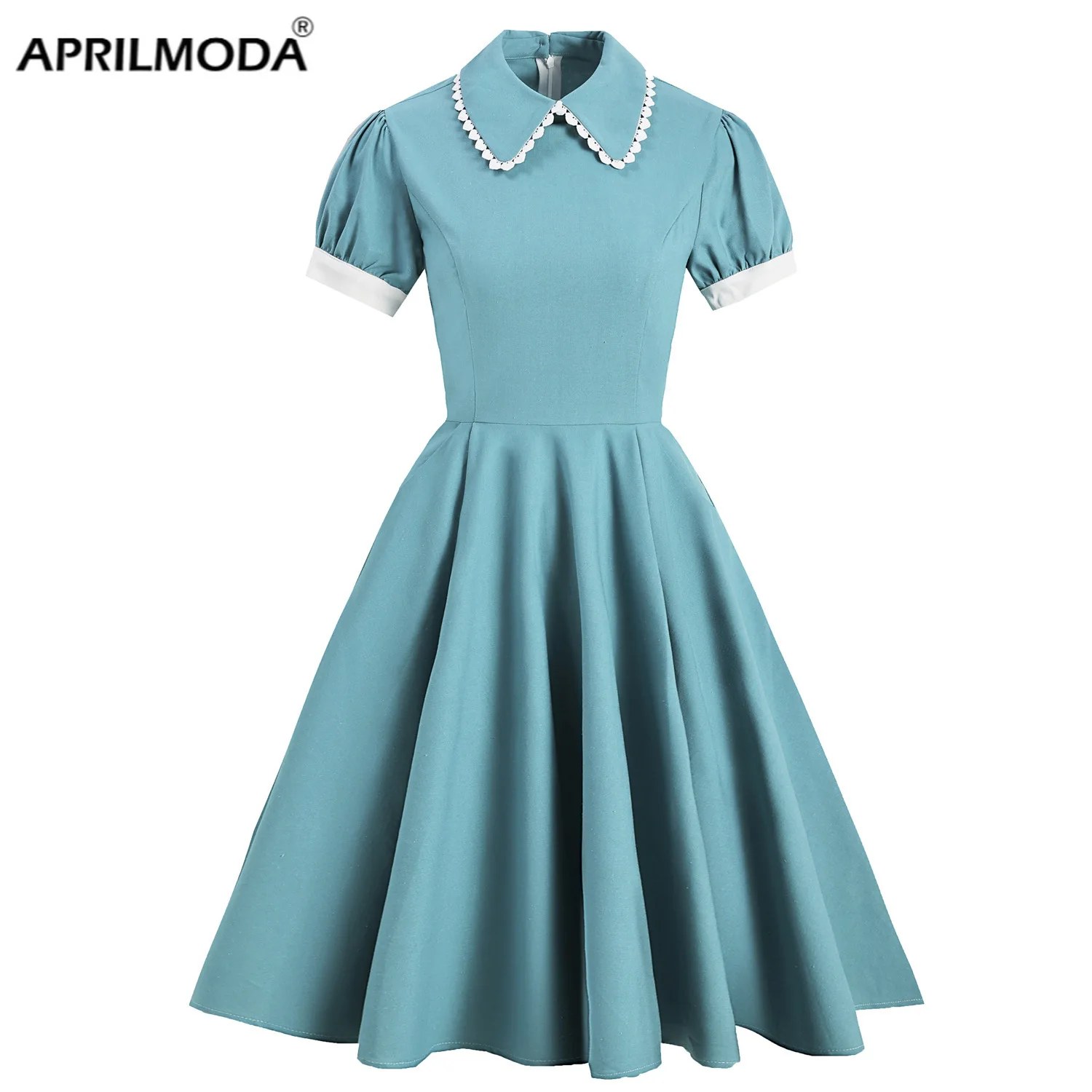 Кавайное однотонное синее винтажное платье с карманами женское летнее ретро 40s 50s