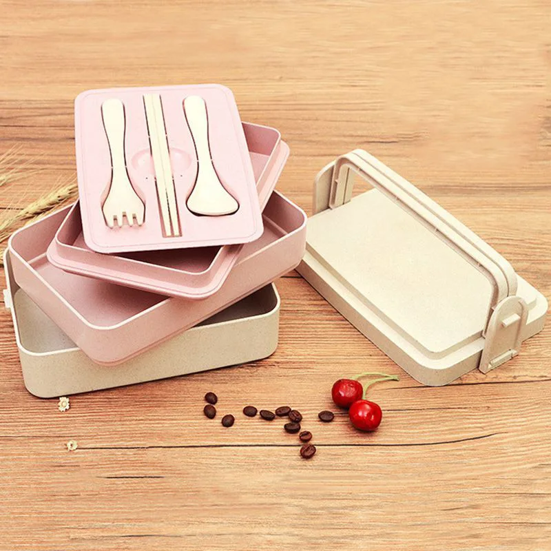 

3 Layer Wheat Straw Lunch Box Eco-friendly Portable Handle Food Container Storage Box 1