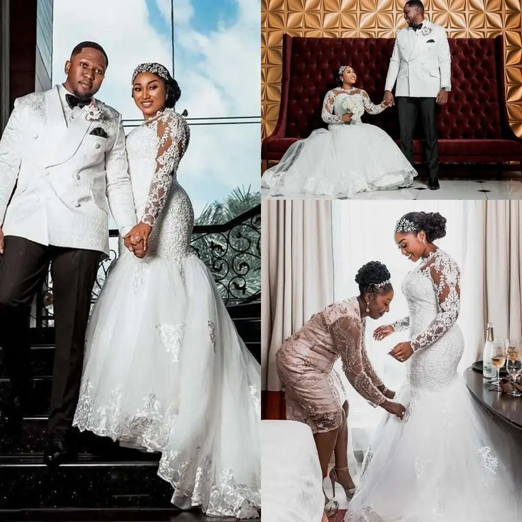 

Plus Size African Mermaid Wedding Gowns Sheer Jewel Neck Illusion Long Sleeved Bridal Dress Arabic Lace Appliqued Sweep Train