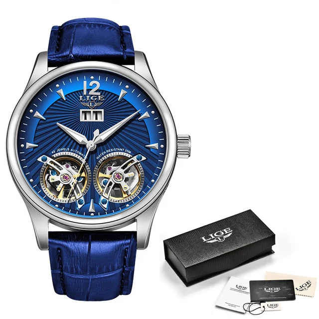Silver blue Мужские часы, новинка, LIGE, синяя кожа, двойной турбийон, механические мужские часы, Топ бренд, Роскошные автоматические часы, Montre Homme+ коробка - Цвет: Silver blue