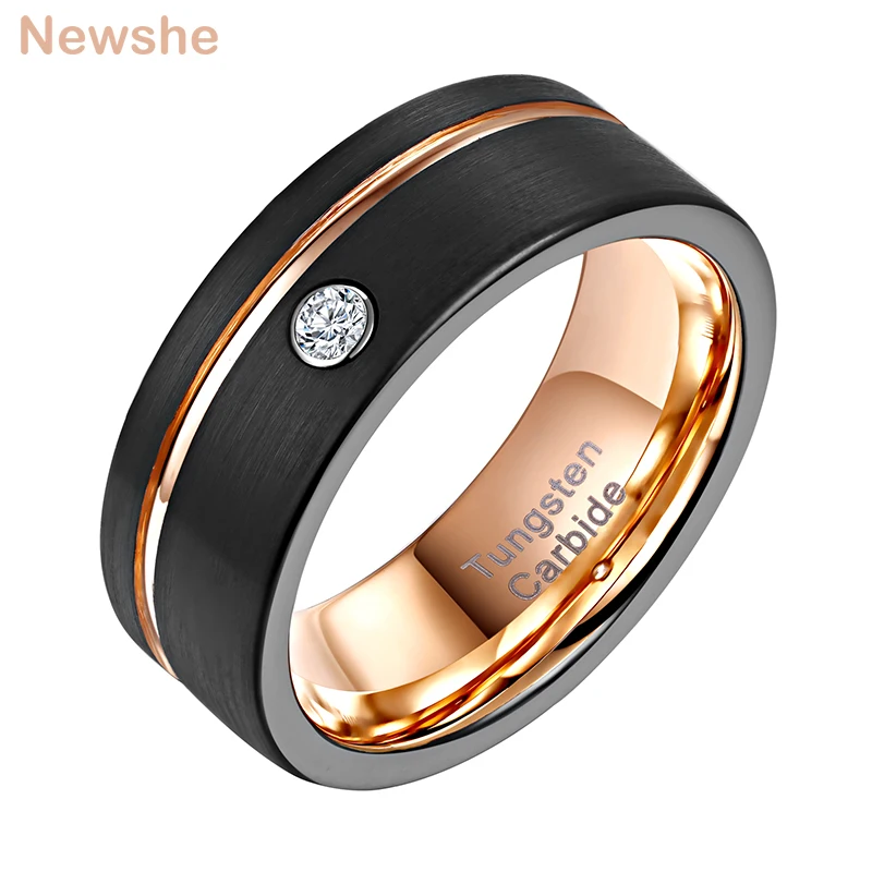 

Newshe Two Tone Tungsten Carbide Rings Men's Charm 8mm Black Gold Color Wedding Bands AAAAA Zircon Groove Size 9-12