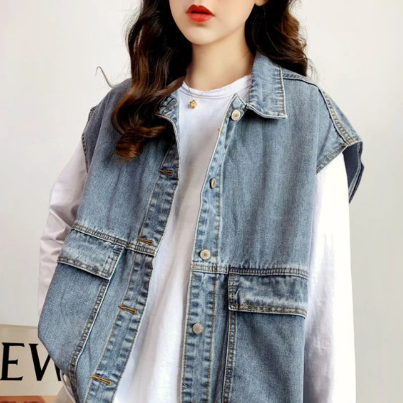 

Vests Women Denim Friends Loose Vintage Sleeveless Students Simple Leisure Outwear Classic Spring/Autumn Single Breasted Stylish