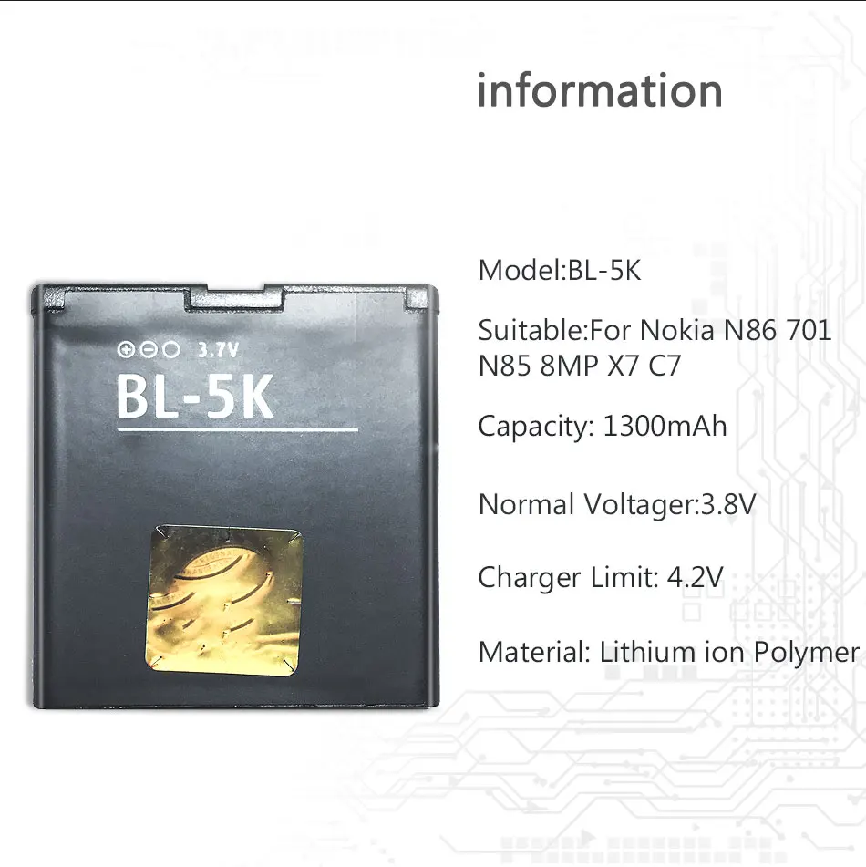 KiKiss Замена 1300mAh мобильный аккумулятор BL-5K для Nokia N85 N86 N87 8MP 701 X7 00 C7 BL 5K