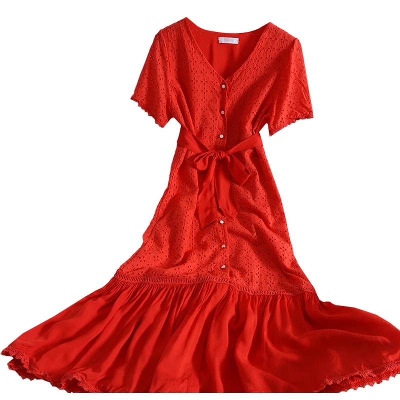 

Vintage Slim stitching ruffled long Dress summer dress new temperament strap-breasted hook flower hollow embroidered dress women