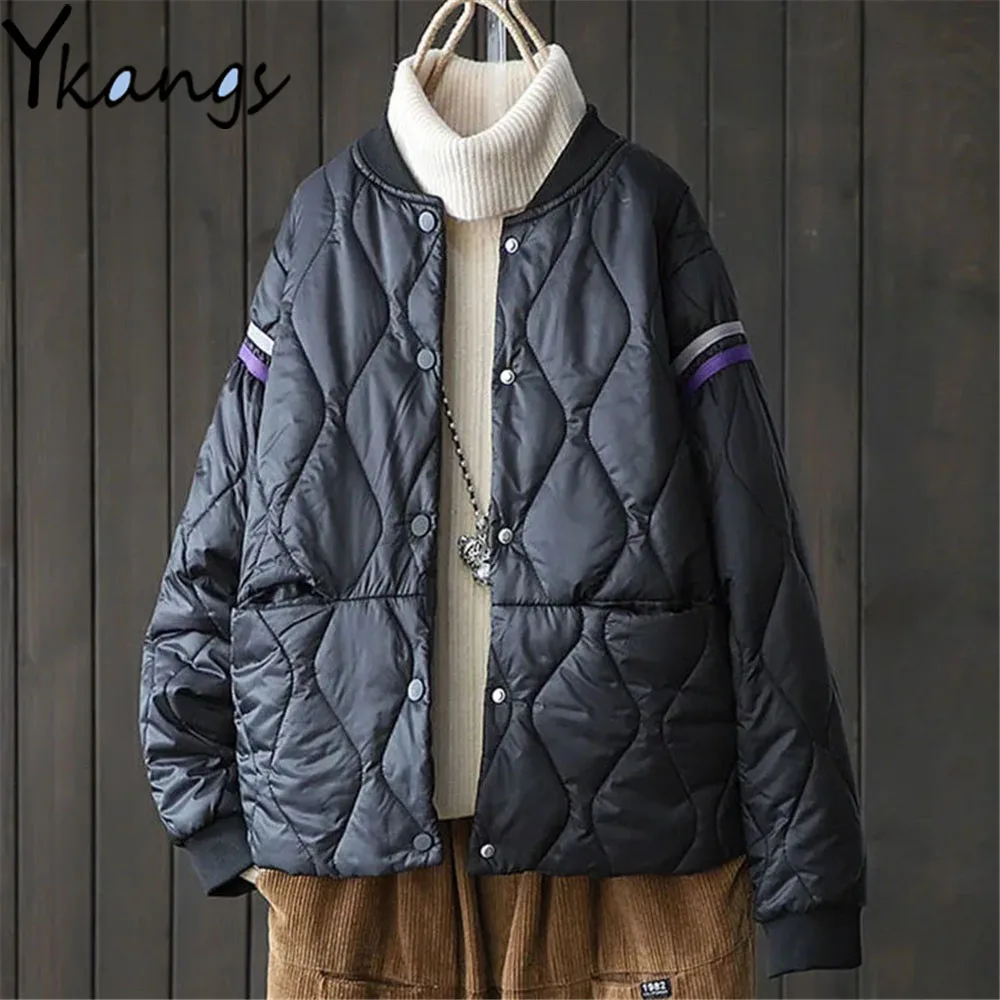 

Stripe Stitching Pockets Buttons Cotton Padded Short Coat Korean Fashion Light Quilted Jackets Streetwear Autumn Winter Clothing