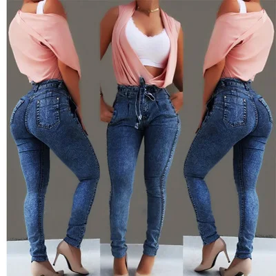 

Fashion High Waist Womens Jeans Skinny High Street Zipper Pockets Solid Color A686
