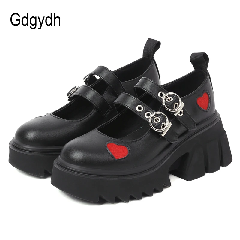 

Gdgydh Gothic Girls Red Heart Shoes Thick Heel Mary Jane Shoes For Women Vintage Style Platform Pumps Rubber Sole Spring Fall