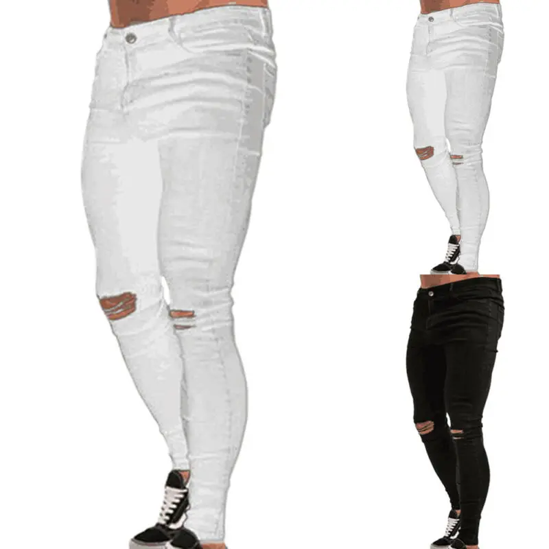 

Mens Skinny Pencil Pants Hole Fashion Male Clothing 2021 Summer Hot Destroyed Ripped Jeans Stretch Denim Slim Fit Trousers