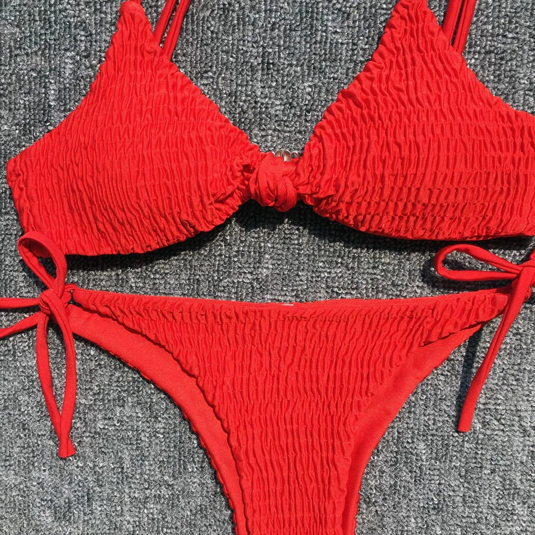 

Red Smocking Bikini Set Women Solid Two Pieces Swimsuit Sexy Swimwear Female 2021 Push Up Lace Up Bathing Suits