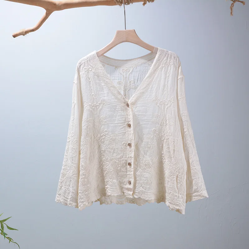 

22 spring V-neck thin cotton embroidered shirt loose casual tops Zz3315