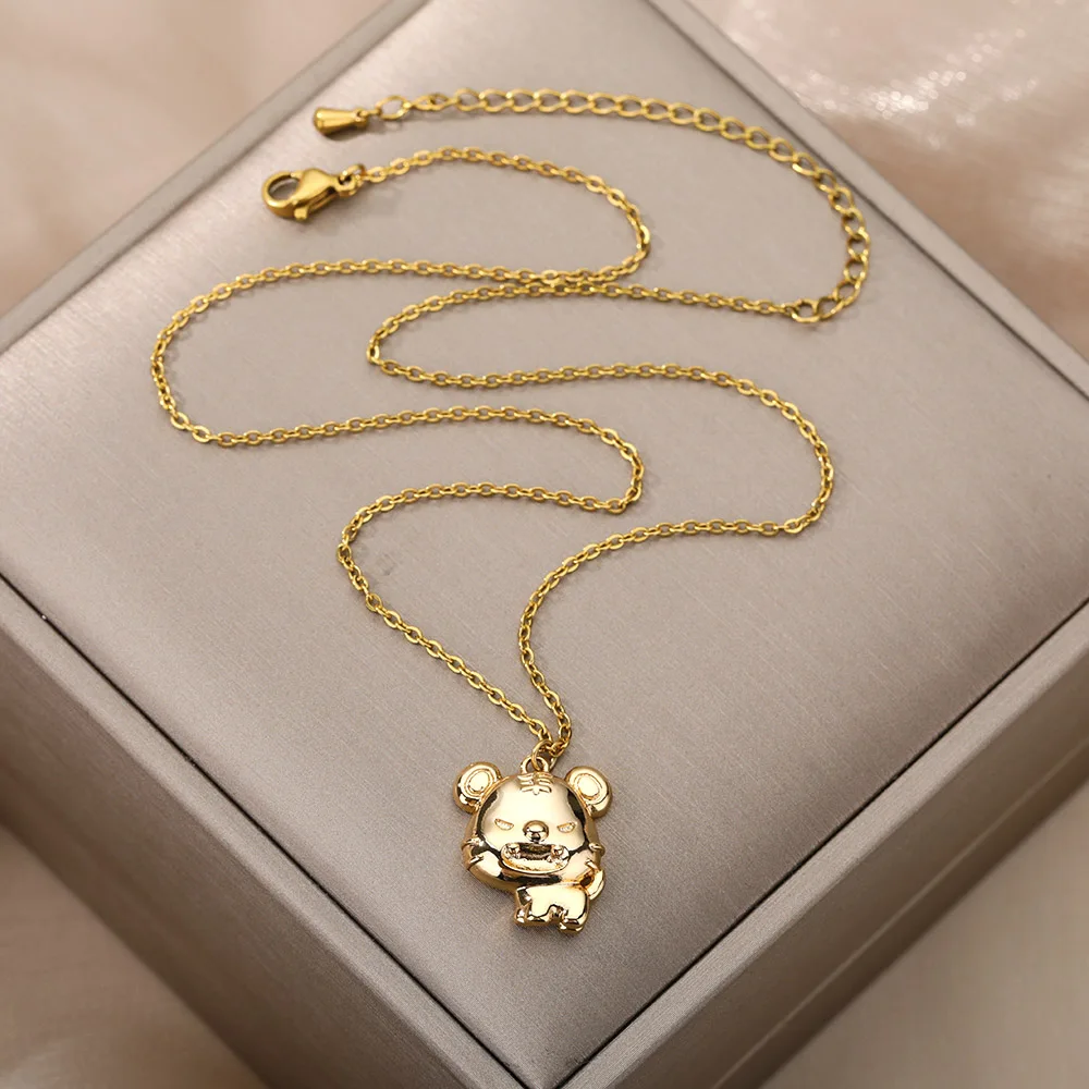 

Golden Copper Stainless Steel Little Tiger Necklace Exquisite Micro Cubic Zirconia Clavicle Copper Necklace Girls Birthday Gift