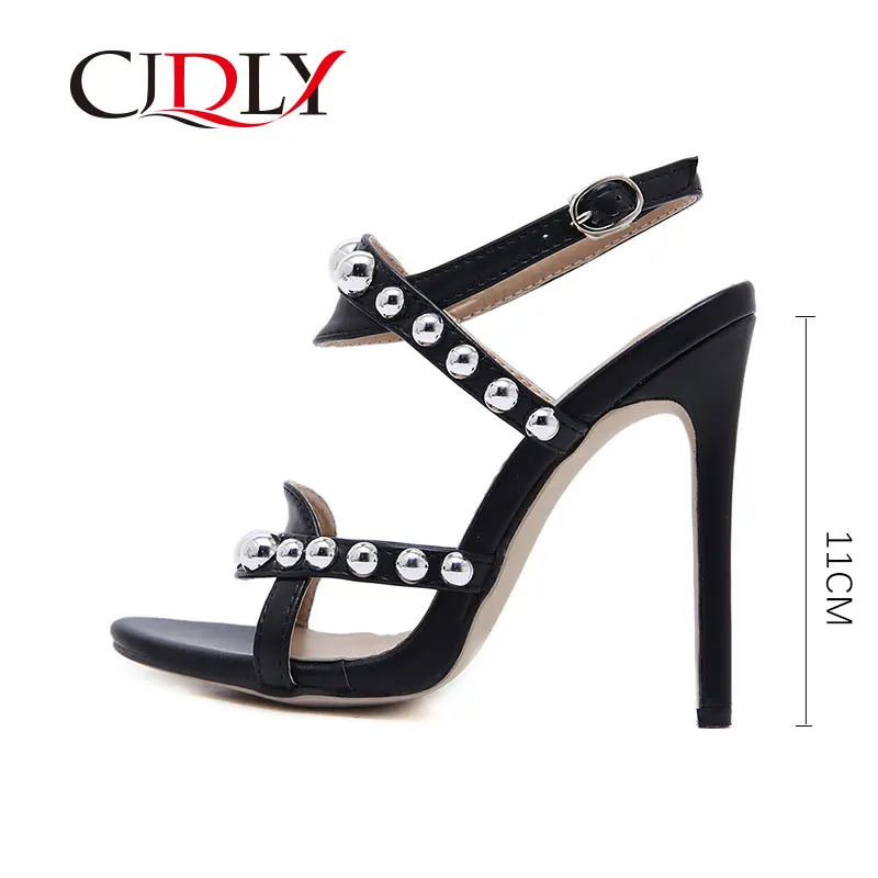 

CJDLY New Fashion Ankle Buckle Strap Rivet Decoration Designer Slides Shoes For Women Sandals Summer Party Stiletto High Heels