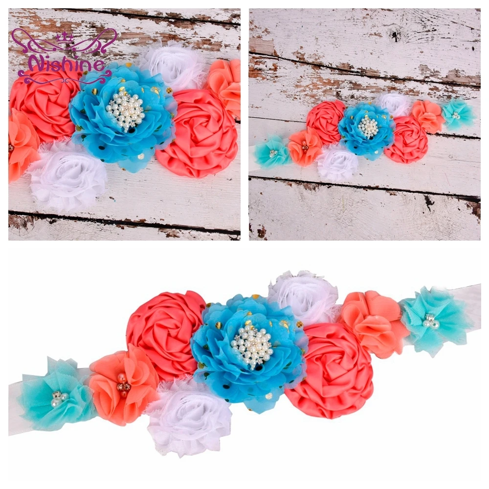 

Nishine Handmade Satin Flower Maternity Belt Hand Sewing Beads Floral Women Sash Prom Decoration Waistband Photography Props