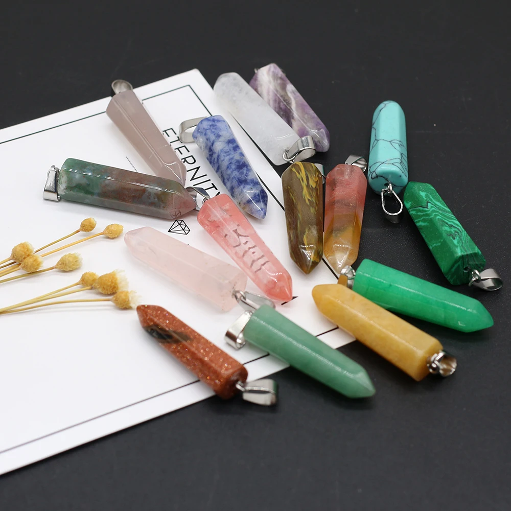

6pcs Natural Stone Long Cylindrical Pendant For Jewelry Making Necklace Earring Accessory Healing Gemstone Gift 9X15mm