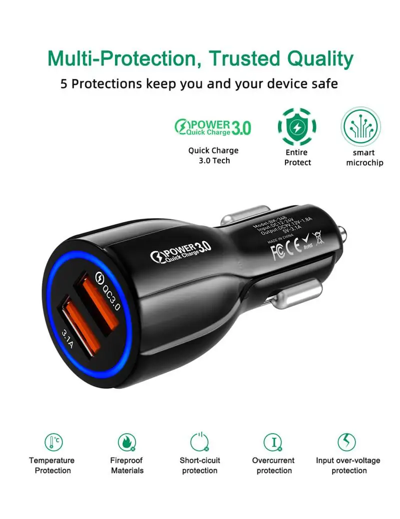 Car Charge USB QC 3.0 With LED Display Universal Mobile Phone Dual Charger Fast Charging Adapter for iPhone Huawei Nokia | Мобильные