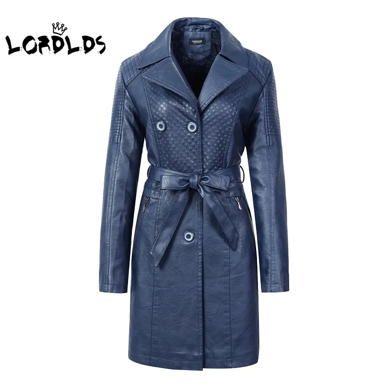 

LORDLDS PU Leather Jacket Women Long Coat with Fur Blue Black Winter Fashion Belt Faux Leather Windbreaker Trench Coats