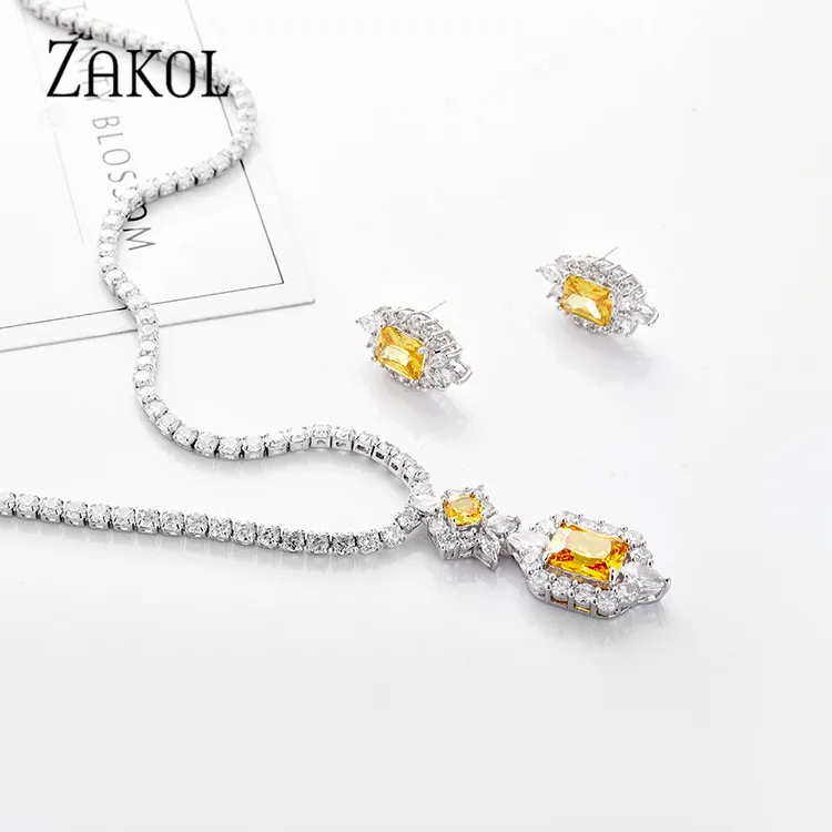 ZAKOL новейший роскошный Искрящийся кубический циркон серьги ожерелье тяжелый