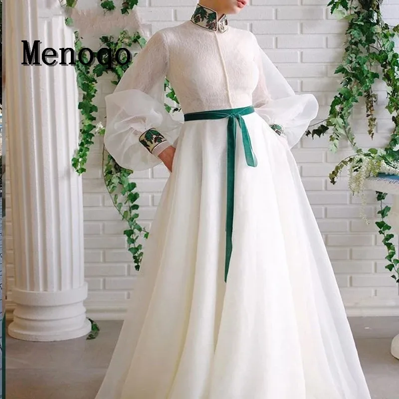 

New Design 2021 Silk Tulle A Line Prom Dresses Long Puff Sleeves High Neck Draped Bodice Slit Evening Gowns свадебное платье