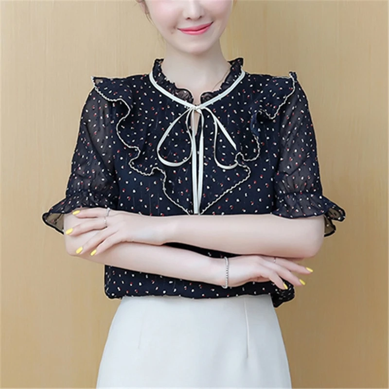 Женские блузки и топы шифоновые женские рубашки с коротким рукавом круглым