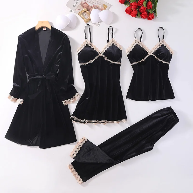 

Fashion Velvet 4 Pieces Warm Winter Pajamas Sets Women Sexy Lace Velour Robe Pyjama Sleepwear Suit Sleeveless Nightwear
