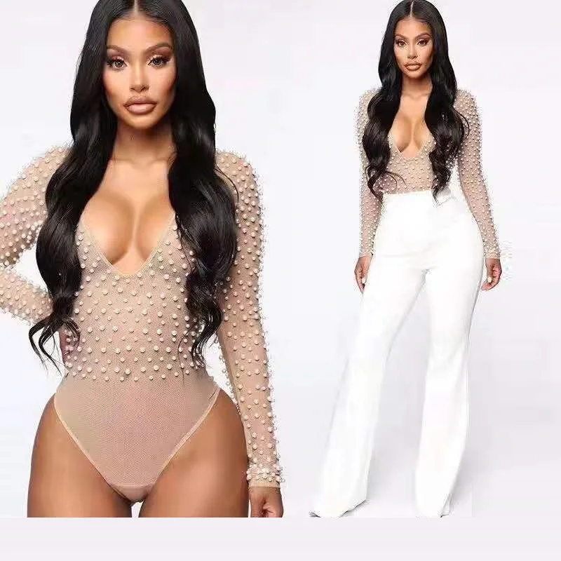 2019 пикантная бежевая сетка с v-образным вырезом комбинезоны бисером Для женщин