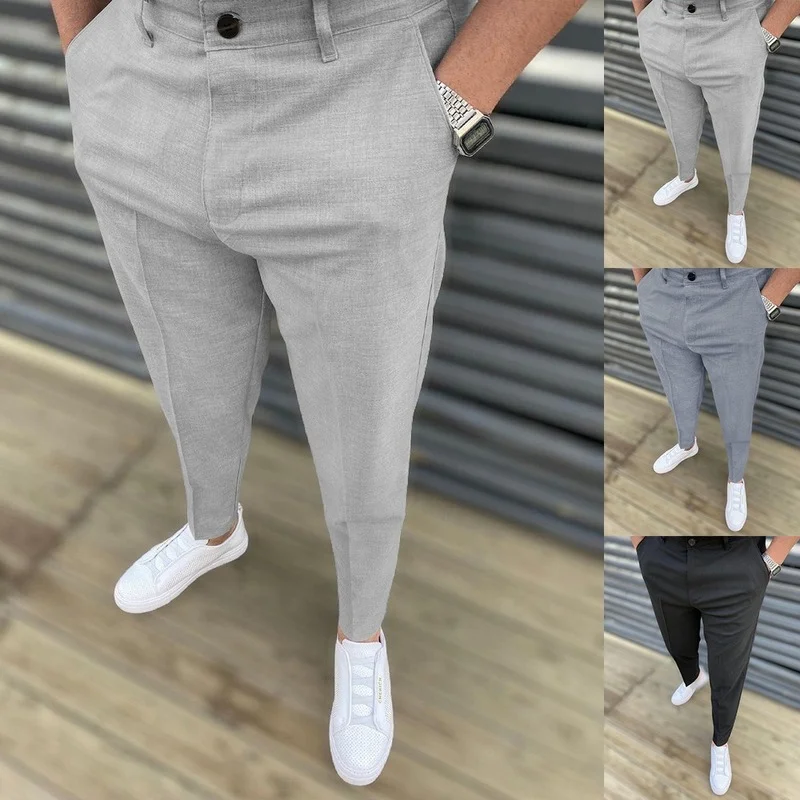 

Men Clothing 2021 New Summer Casual Cotton Mid-waist Solid Color Trousers Fashion Micro-elastic Casual Pants