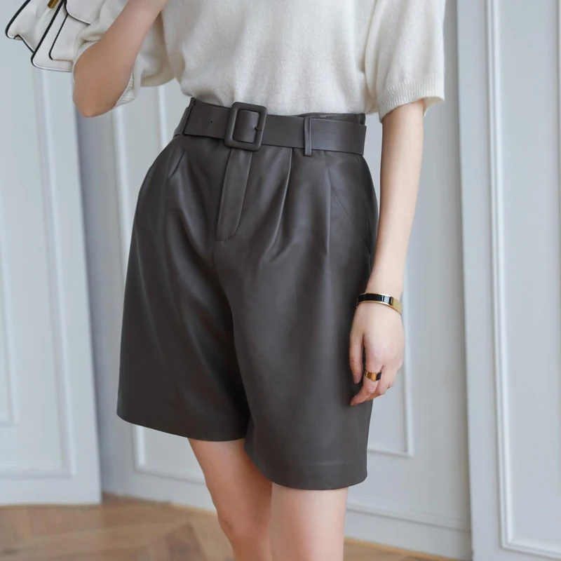 European Style Women's Genuine Leather Pants Female Handsome Straight High Waist Suit Shorts With Belt Casual Wide Leg Trousers