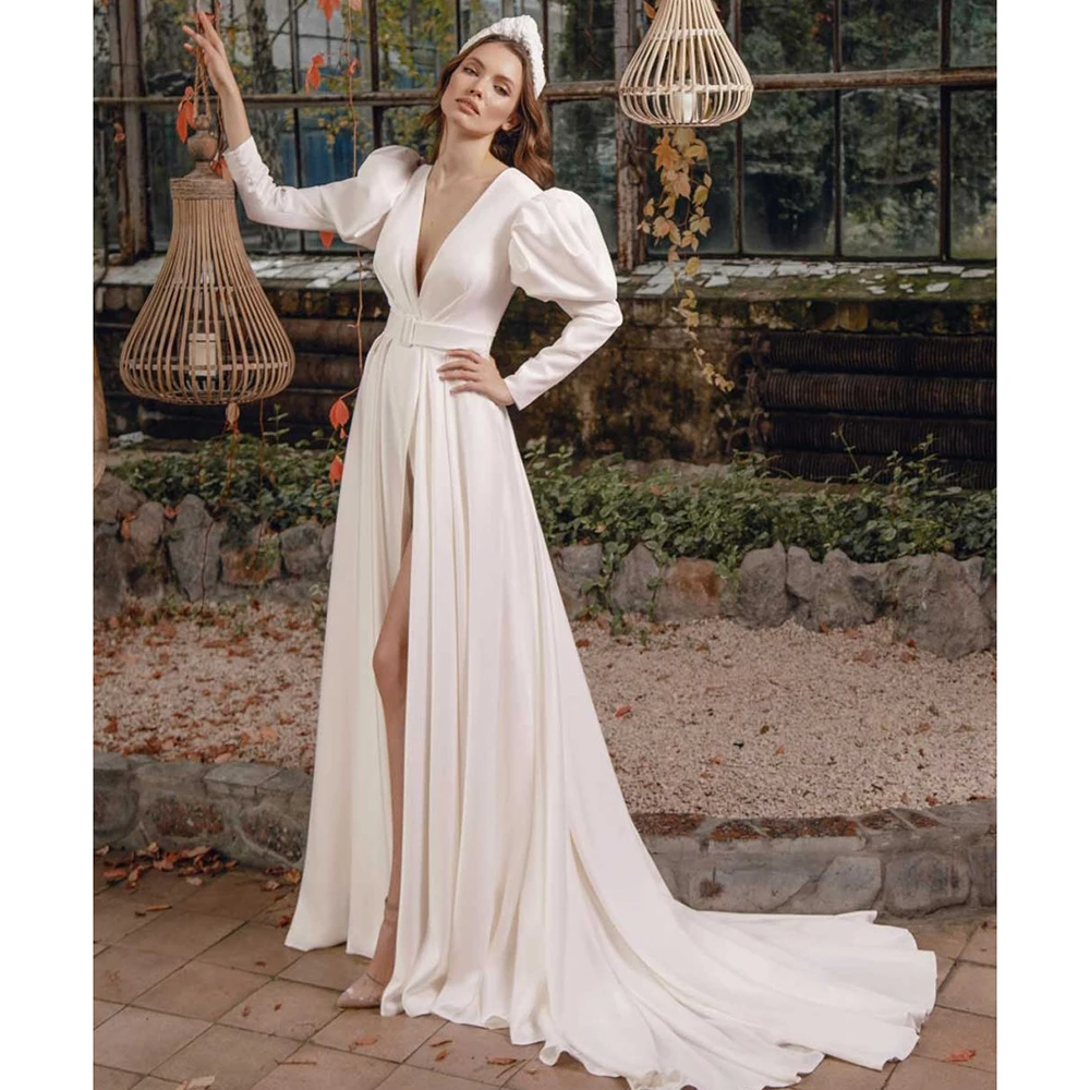 

Elegant Satin Wedding Dresses 2021 Sexy V-Neck Long Puff Sleeves Wedding Gowns Simple Split A-Line Bridal Dress robe de mariée