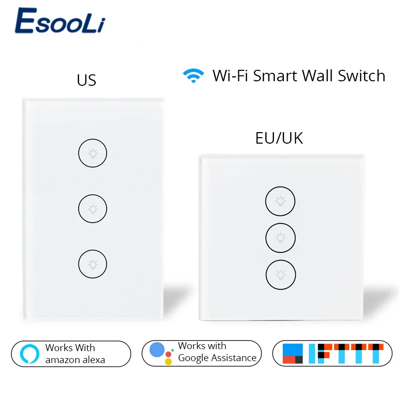 Esooli Wifi умный настенный сенсорный выключатель Tuya умная жизнь стеклянная панель