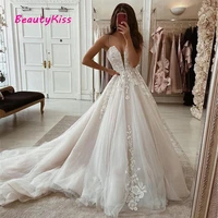 a line boho wedding dress v neck straps appliqued lace bridal gowns elegant long train tulle beach princess wedding party dress