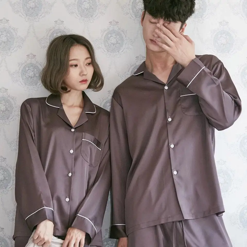 

Spring and autumn men and couple long-sleeved thin ice silk and winter two-piece youth home service suit