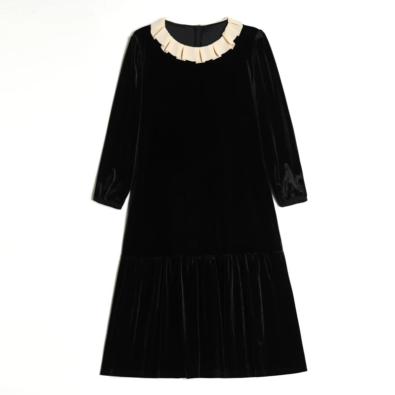 

2021 High Quality Black Velvet Sweet Midi Dresses Spring Loose 3XL Plus Size Vintage Dress Autumn Women Classy Bodycon Vestidos